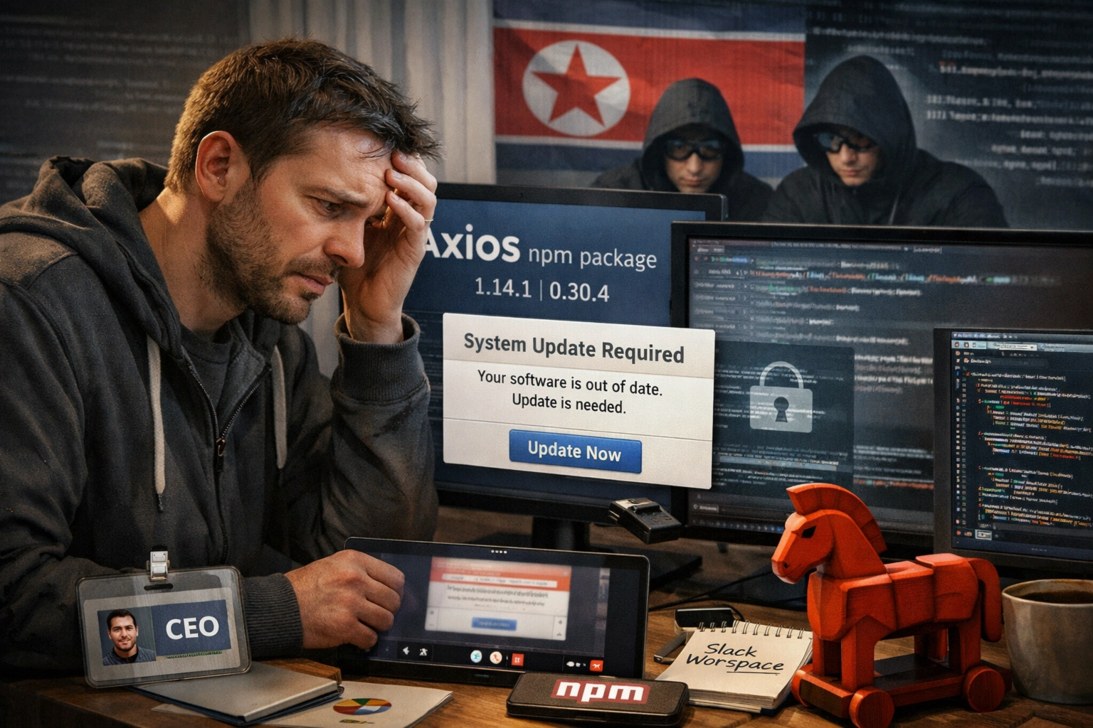 Man looks stressed at a computer, facing a system update warning and coding screens.