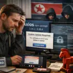 Людина з виразом занепокоєння сидить за комп'ютером з повідомленням про оновлення.