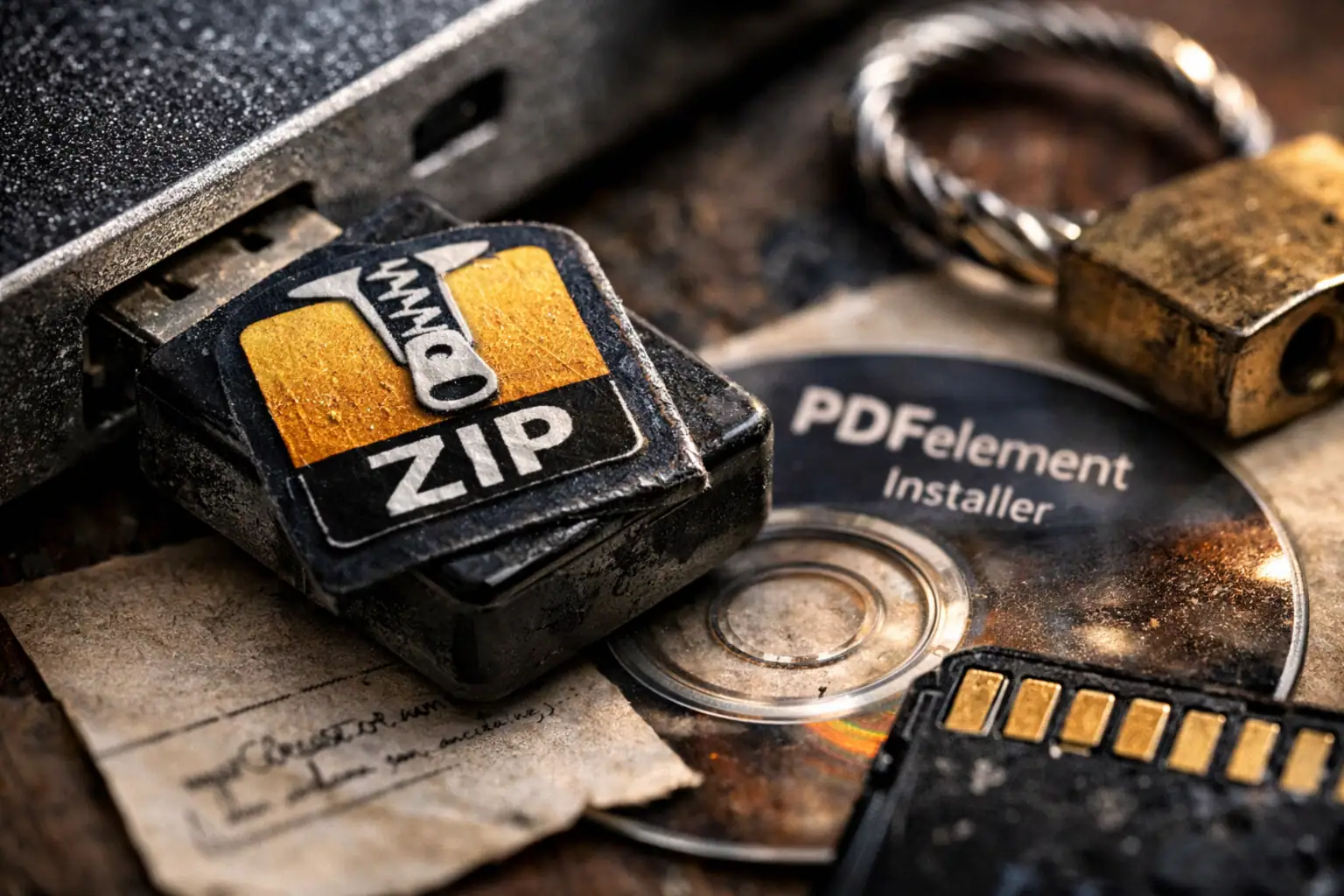 ** Pendrive con logo ZIP junto a un disco y candado en una mesa.