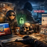 Hacker scene with dark atmosphere, cybersecurity themes, and Ukraine flag on display.