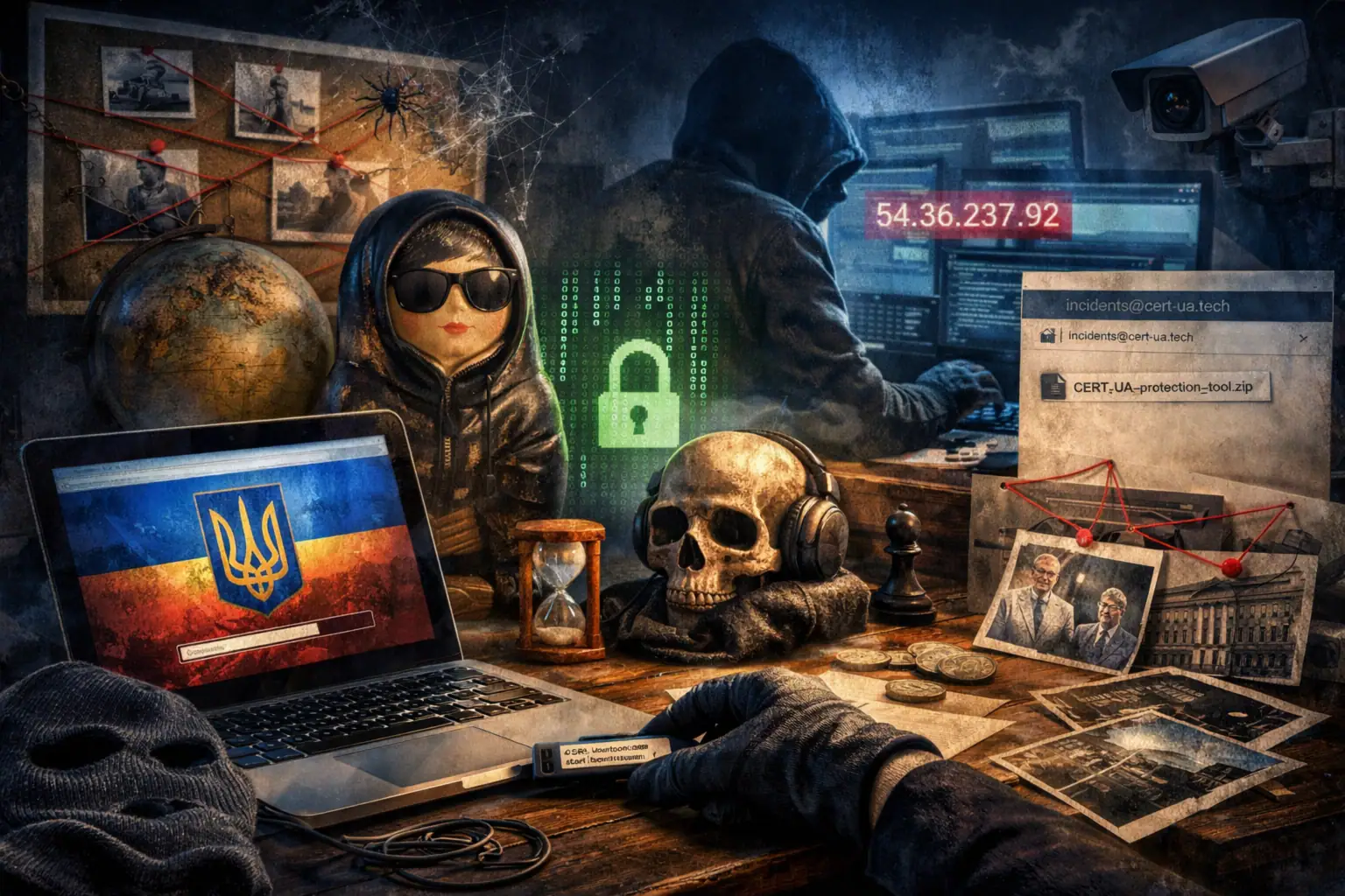 Hacker-Arbeitsplatz mit Laptop, Totenkopf und ukrainischer Flagge im Hintergrund.