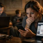 Женщина в тревоге смотрит на телефон, другие члены семьи используют устройства.