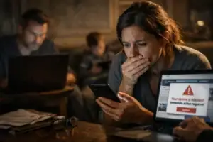 Mujer preocupada revisando su teléfono mientras otros trabajan en computadoras.