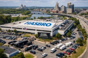 Aerial view of Hasbro building with maintenance sign and city skyline nearby.
