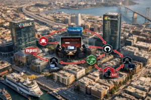 Visual depiction of tech company interactions with icons representing updates and tools.