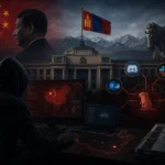 Hacker in a hoodie at a desk with screens, flags of China and Mongolia in the background.