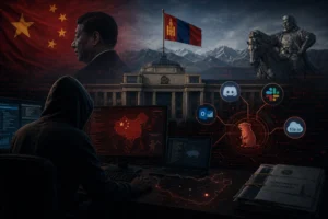 Hacker in a hoodie at a desk with screens, flags of China and Mongolia in the background.