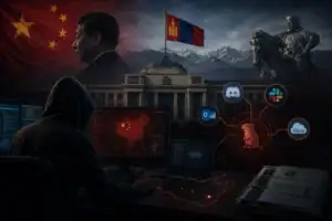Person am Computer mit digitalem Hintergrund der mongolischen Landschaft und China.