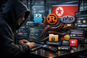 Hacker coding with multiple programming language icons and an octopus on the laptop.