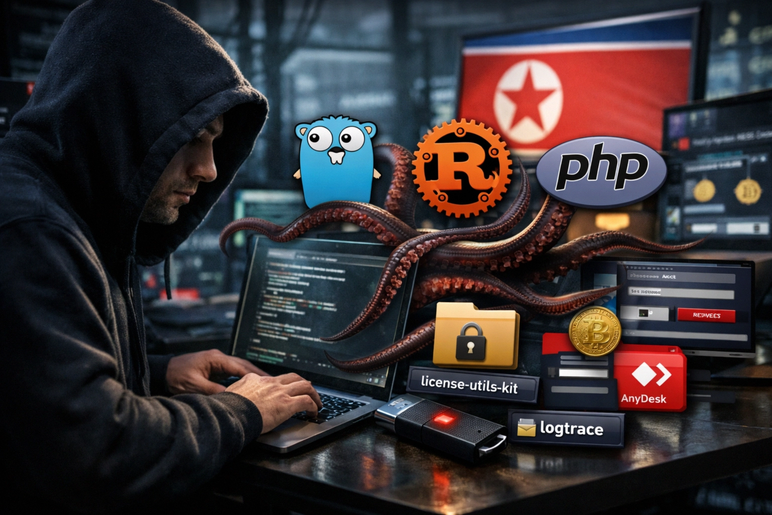 Hacker coding with multiple programming language icons and an octopus on the laptop.