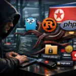 Programmierer in Kapuze mit Codierung, umgeben von Symbolen für Programmierung.