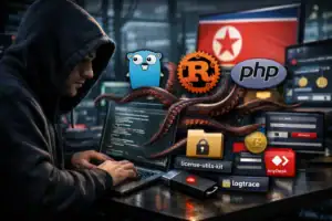 Programmierer in Kapuze mit Codierung, umgeben von Symbolen für Programmierung.