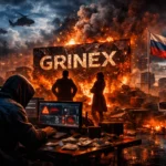 Hooded figure at computer in a fiery, dystopian urban landscape with a Russian flag.