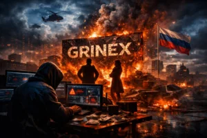 Hooded figure at computer in a fiery, dystopian urban landscape with a Russian flag.