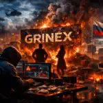 Escena distópica con fuego, tecnología y un paisaje devastado.