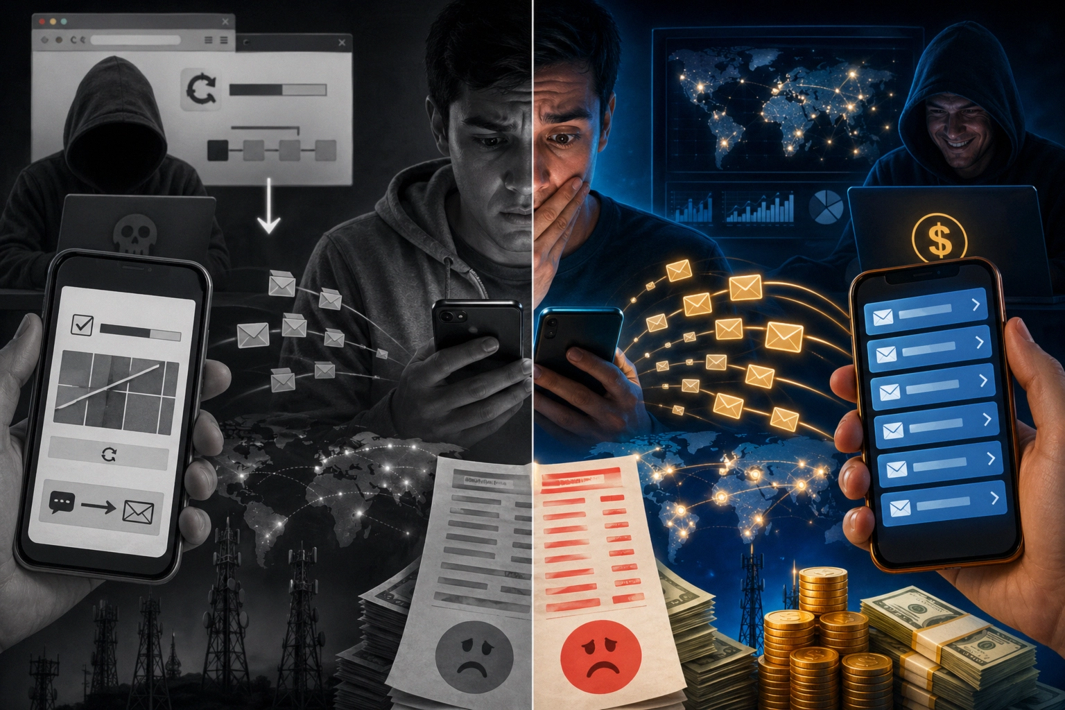Person looking concerned at a phone amidst symbols of cybercrime and financial worries.