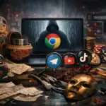 Laptop mit Hacker-Silhouette vor Symbolen geistigen Eigentums und Schachfiguren.