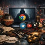 Dark composition featuring a laptop with tech symbols and a mysterious figure.