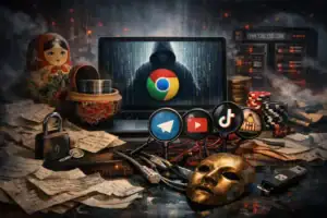 Laptop mit Hacker-Silhouette vor Symbolen geistigen Eigentums und Schachfiguren.