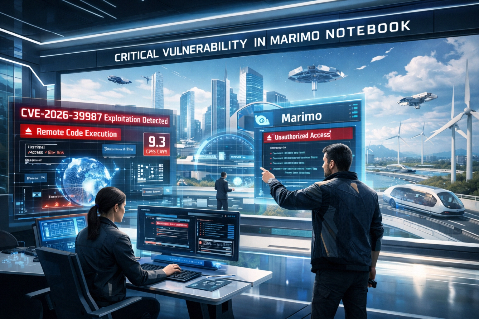 Two figures analyze a critical cybersecurity issue in a futuristic control room.