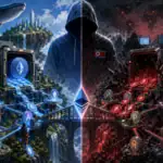 ** Paisaje dividido con elementos de tecnología y naturaleza, representando Ethereum.