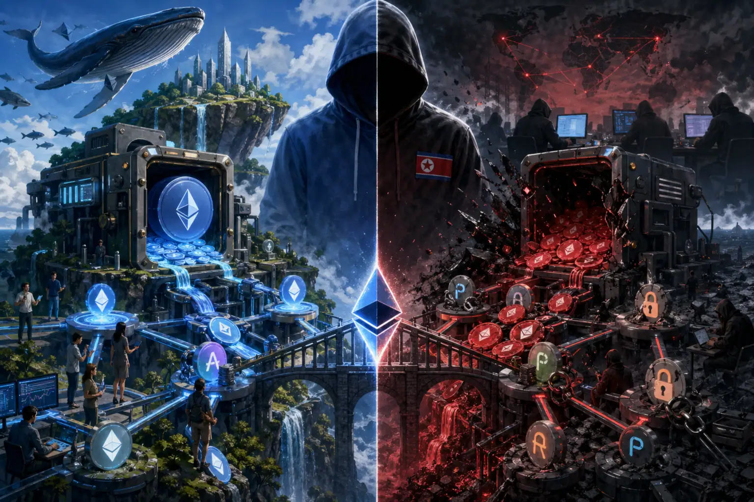 ** Paisaje dividido con elementos de tecnología y naturaleza, representando Ethereum.