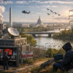 Hooded figure near a government facility, overlooking a cityscape with helicopters.