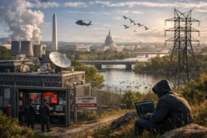 Hooded figure near a government facility, overlooking a cityscape with helicopters.