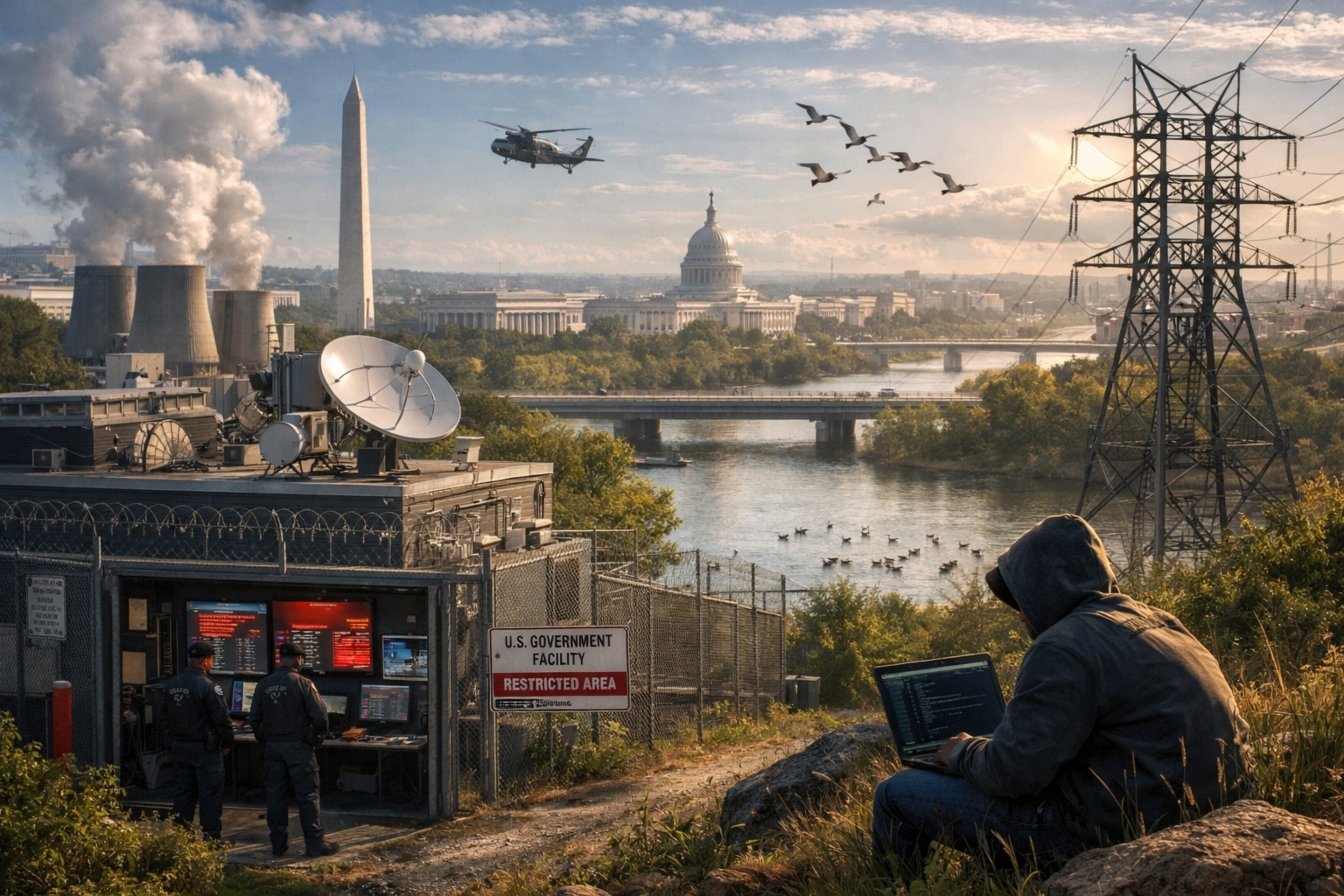 Hooded figure near a government facility, overlooking a cityscape with helicopters.