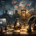 Penguin character on a chessboard, chained to a king piece with a warning phone.