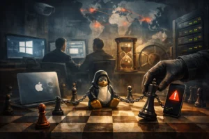 Penguin character on a chessboard, chained to a king piece with a warning phone.