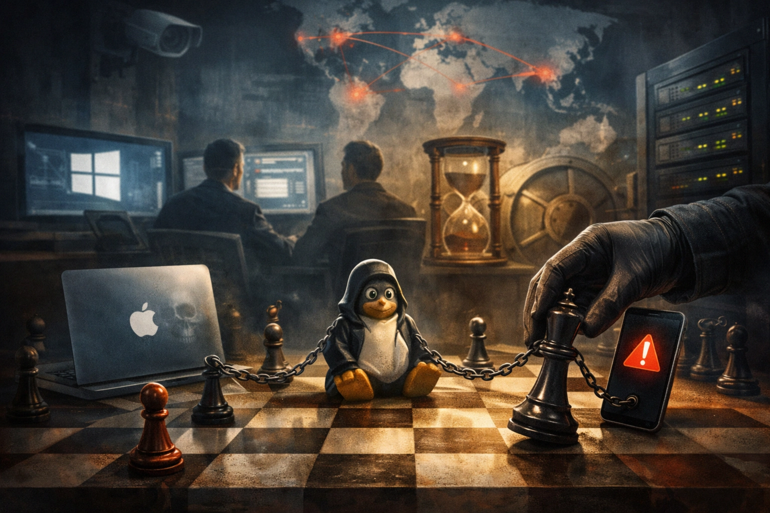 Penguin character on a chessboard, chained to a king piece with a warning phone.