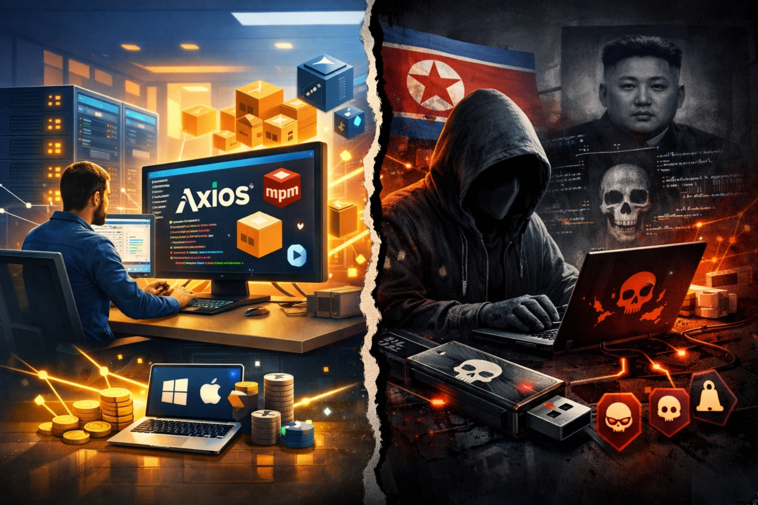 Contrast of cybersecurity: ethical coding vs. sinister hacking under dramatic lighting.