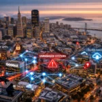 Aerial view of San Francisco with digital network visuals illustrating tech issues.