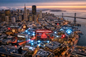Aerial view of San Francisco with digital network visuals illustrating tech issues.