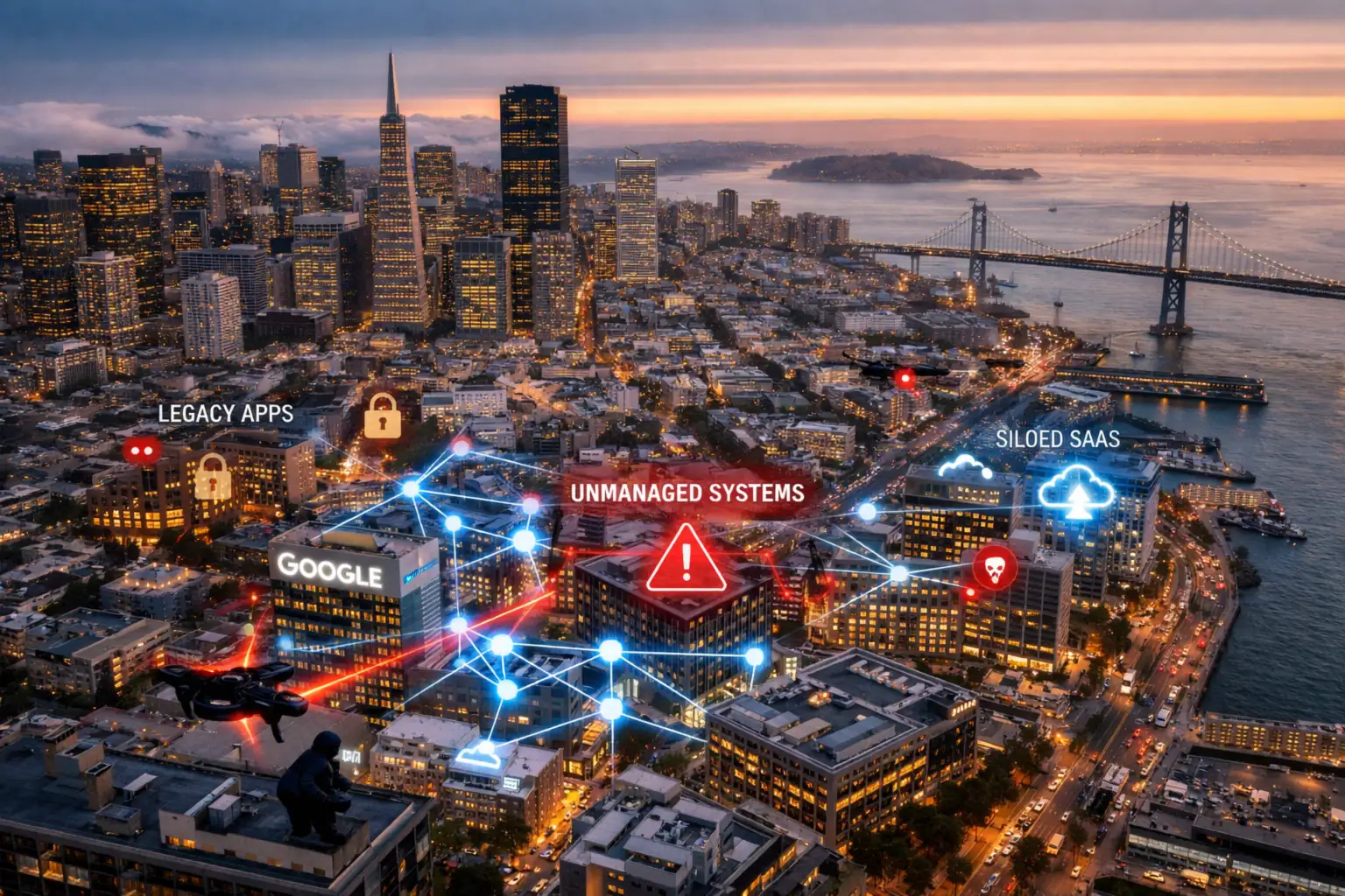 Stadtansicht von San Francisco mit grafischen Elementen zur IT-Sicherheit.