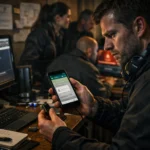 Чоловік у темному одязі, уважно дивиться на свій смартфон в офісі з комп'ютерами.