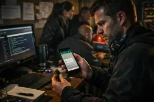 Mann in dunklem Raum, Blick auf ein Smartphone, andere Personen im Hintergrund.