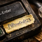 Note with password next to a computer keyboard's Enter key.