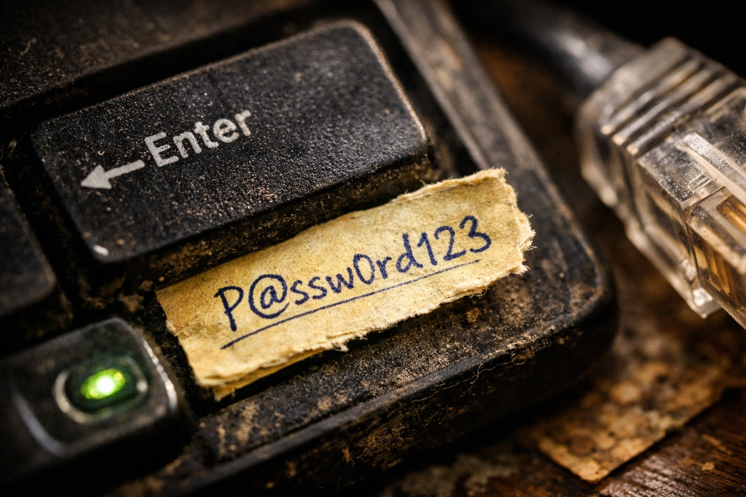 Note with password next to a computer keyboard's Enter key.