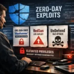 Cybersecurity professional analyzes zero-day exploits on dual monitors.