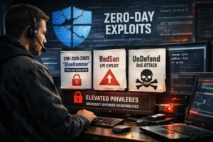 Cybersecurity professional analyzes zero-day exploits on dual monitors.