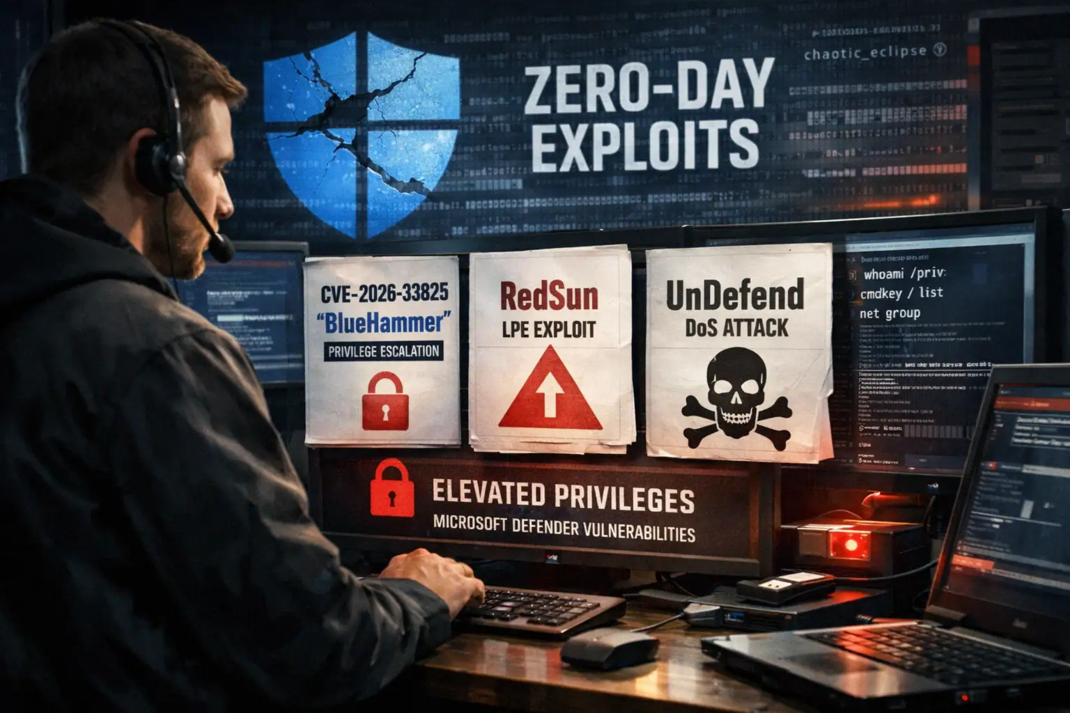 ** Hombre trabajando en ciberseguridad frente a pantallas con exploits zero-day.