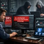 Cybersecurity analyst monitors threat alerts on multiple screens in a dark room.