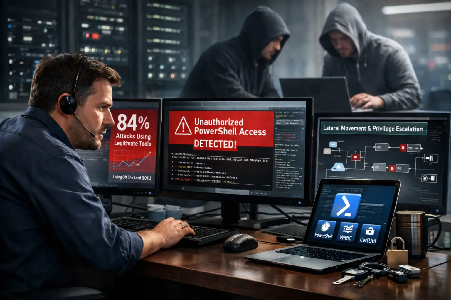 Mann am Computer entdeckt unautorisierte Cyberangriffe in dunkler Umgebung.