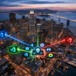 Aerial view of a city skyline with colorful network icons and symbols overlaid.