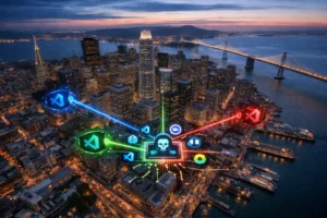 Aerial view of a city skyline with colorful network icons and symbols overlaid.