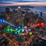 Городской пейзаж с яркими символами технологий на фоне заката.