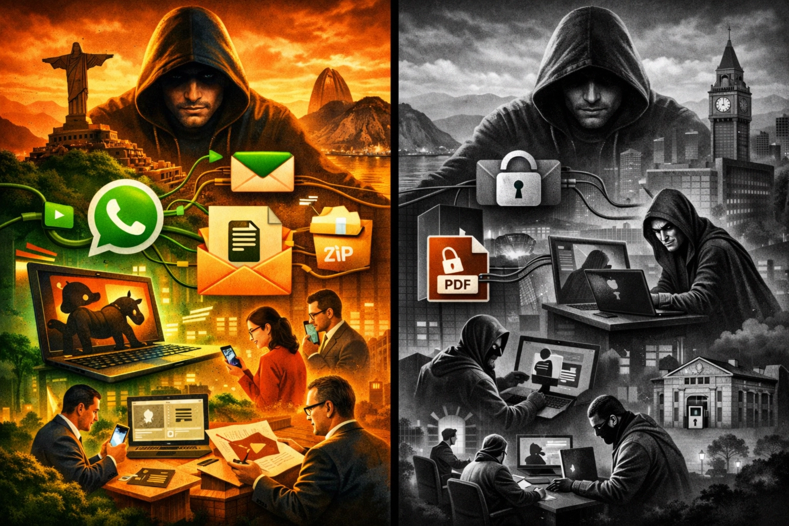 Digital artwork contrasting cybersecurity threats and communication tools.