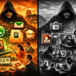 Szenen von Cyberkriminalität mit Warnsymbolen und Hacker-Aktivitäten.